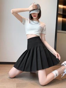 Black High Waist A-Line Mini Skirt Womens Spring Autumn Summer Pleated Slimming Long Skirts Korean Style Commute Fashion