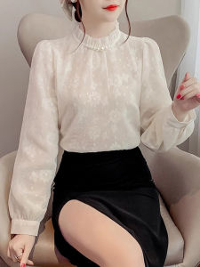 Stylish Long Sleeve Lace Shirt: French Style Half High Collar & Wooden Edge Detail Women's Fashionable Top BaKuSen New 2025