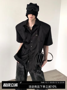 Shoulder Pad Shirt Mens Black Short Sleeve Casual Fashion Summer Shirt Trendy Handsome Style Breathable Composite Fabric