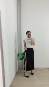 ชุดเซ็ตแฟชั่นผู้หญิง เสื้อคอสูงประดับกระดุม ดีไซน์คอจีนสวยหรู