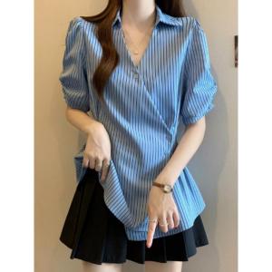 YNY | French Style Polo Collar Puff Sleeve Striped Slim Fit Irregular Shirt