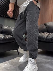Mens Winter Thickened Fleece Lined Casual Pants Diagonal Stripe Loose Fit Drawstring Elastic Waist Polyester Fiber Youth Trend