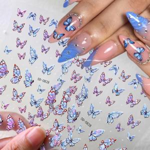 1Pcs 5D Embossed Butterfly Nail Stickers Blue Purple Gradient Wing Butterflies Nails Decals Self-Adhesive Manicure Decorations 1