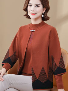 ทันสมัย เสื้อสเวตเตอร์ถัก คาร์ดิเกน ชุดสองชิ้นสําหรับ วัยกลางคนและผู้สูงอายุ เสื้อแจ๊กเก็ตสั้นผู้หญิง หลวม ประเภทลายเพชร