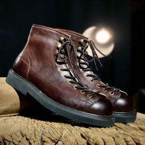 Mens Workwear Martin Boots Short Face High Top Leather Shoes Retro Trend British Style Rubber Outsole round Toe Booties