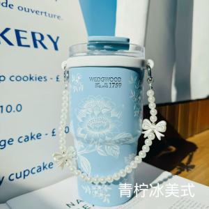 Universal Cup Holder Pearl Hand Carry Rope Water Cup Holder French Style White Butterfly Bow Tie Straw Cup Accessory