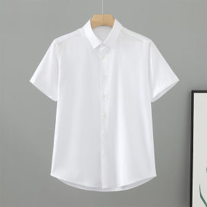 Brand Mens White Point Collar Short Sleeve Shirt Summer Ice Silk Cool Feeling Smooth Professional Shirt Tagless Daily Wear