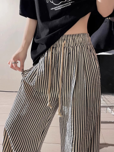 Slim Fit High Waist Wide Leg Pants Vertical Stripes Loose Drapey Thin Summer Casual Trousers for Short Women 145-150