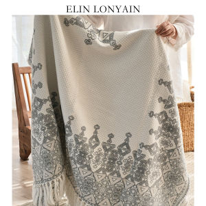 ELIN LONYAIN | Bohemian Style Jacquard Wool Linen Blend Fringe Blanket