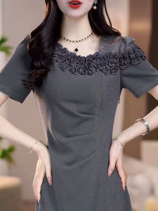 Elegant Short Sleeve Dress Summer 2025 High Waist A-Line Korean Style Polyester Fiber Midi Dress for Ladylike Occasions