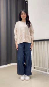 QUEENTIN Setelan Wanita Casual 0689 Katun Poplin Polos Denim Chambray Lengan Karet Panjang