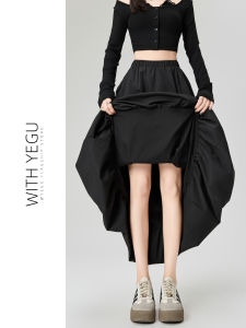Black Asymmetrical Flower Bud Skirt Womens Spring Autumn Elegant Mid-Length A-Line Umbrella Skirt Pleated Design Puffy Half-length Skirt