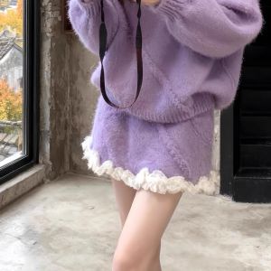 XUECAIQI | French Style Eared Knit Sweater & Skirt Set