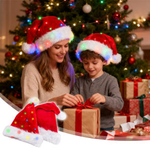 LED Christmas Hat with Flashing Lights for Kids Adults Santa Claus Novelty Plush Party Hat for Navidad Decoraciones Party Supply