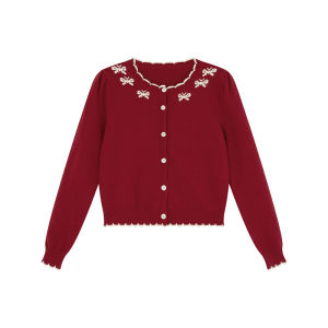 Contrast Color Bow Knit Cardigan