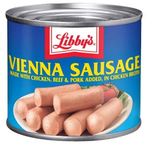 Libbys Vienna Sausage - Made with chicken beef and pork added in chicken broth. 130g (4.6 OZ)
