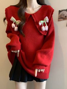 plus Size Christmas New Year Red Doll Collar Thickened Sweater Trendy Ageless Lazy Slimming Knitted Shirt for Women