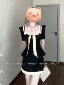 Slimming High Waist Short Skirt Set Womens Sweet Style French Black White Contrast Color Square Collar Short Sleeve Top