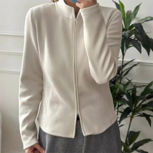 เสื้อแจ็คเก็ตฮู้ดคอตั้งสองซิปสำหรับผู้หญิง ฤดูใบไม้ร่วง/ฤดูหนาว เสื้อคลุมกันหนาวแบบเข้ารูป ทรงสลิมฟิต แฟชั่นเสื้อเชิ้ตแขนยาว