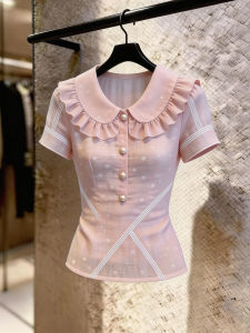 SHUAIYUE | Áo Blouse Tay Ngắn Ren Hồng Phong Cách Nữ Tính Gọn Gàng 2026