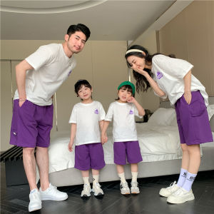 Korean Style Family Matching Clothes Summer Cotton T-Shirt Shorts Set for Mom Dad Kids Boys And Girls Print Design