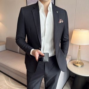 ROMON | Romon Mens Casual Suit Set Wedding Engagement Party Dress Business Professional Formal Coat Standard Fit Four Seasons PU Material