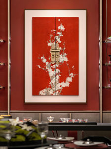 New Chinese Style Tea Room Background Plum Blossom Decoration Metal Frame Oil Canvas Painting 3D Hanging Artwork for B&B Entrance