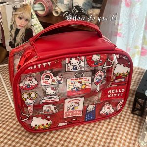 HelloKitty Kitty Cat Waterproof Makeup Bag Large Capacity Portable Travel Handbag PVC Storage Bag Toiletry Bag Cartoon Pattern