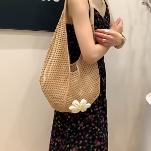 BECORATE New Single Shoulder Crochet Bag for Women - Spacious Hollow Out Tote Bag in Khaki Beige Pink & Green - Lightweight Breathable Design for Work Travel & Casual Outings