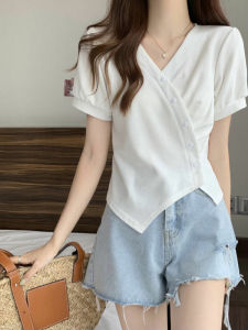 Irregular Shoulder Bubble Short Sleeve V-Neck Womens T-Shirt High Waist Split Design Summer Elegant Two-Piece Set