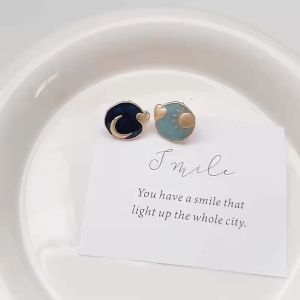 [175] S925 silver needle earring Korea Retro Sun Moon Earrings Femininity Asymmetrical Earrings Geometric Round Heart Shaped Earrings