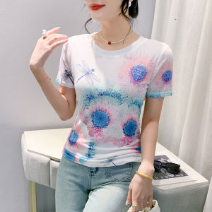 เสื้อยืดตาข่ายแขนสั้นยืดหยุ่นสูง REHIN สำหรับผู้หญิงพิมพ์ลายคอกลมเข้ารูปพอดีสง่างามฤดูร้อน