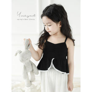 Sweet Cool Sleeveless T-Shirt for Girls Summer Fashionable Slim Fit Strappy Neckline Floral Lace Edge Cotton Blend Casual Top