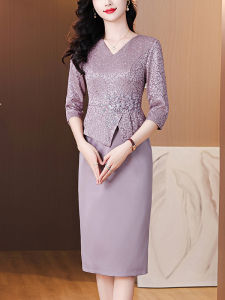 Elegant Purple Wedding Dress Lace Skirt Spring Autumn Style Mother of the Bride Gown High End Lace Midi Dress for Women