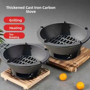 Traditional Cast Iron BBQ Grill Stove Tea Boiler Heating Full Set Outdoor Camping Travel Supplies Wood Charcoal Fuel Stainless Steel Grill Net