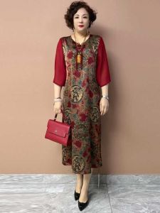 Summer New Loose Large Size Seven-Sleeve Printed Dress V-Neck Midlife Mommy Clothes Knee-Length Skirt Womens Fashion