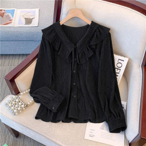 Slimming Large Size Womens Long Sleeve Blouse with Lace Hem Baby Doll Collar Fashionable Korean Style Loose Fit Shirt