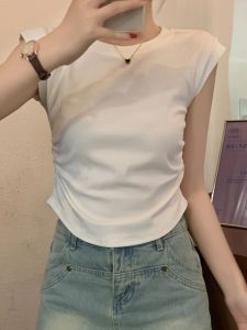 INS K-style Asymmetrical Ruched Short Flying Sleeve Vest Womens Summer Scheming round Neck Short Sleeve T-shirt Chic Tops