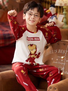 Boys Long Sleeve Cotton Pajamas Thin round Neck Home Clothes Set Breathable Moisture Wicking Spring Autumn Childrens Wear