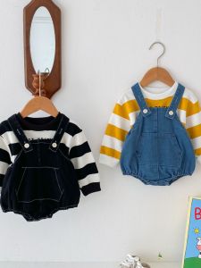 INS Autumn Korean Style Baby Strap Bag Fart Blouse and Pants Baby All-Matching Striped Sweatshirt Sling Denim Romper Fashion
