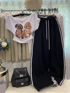 Korean Style Striped Color Block Sports Wide Leg Pants Women Summer New American High Waist Street Drape Straight Leg Sweatpants Set