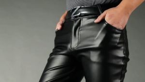 22mm Thoshine Brand Men Leather Pants Thin Skinny Fit Elastic Fashion PU Leather Biker Trousers Streetwear