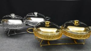 4.0L Luxury Gold/Silver Chafing Dish Buffet Food Warmer Display Restaurant Hotel Glass Soup Pot Casserole Display Chafing Dish Alcohol Stove Dry Hot Food Warmer