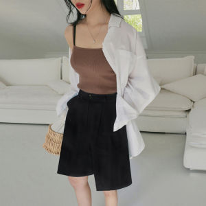 กางเกงขาสั้นผู้หญิงทรงหลวมเอวสูงสีดำ ทรงเอ ทรงหลวม ทรงสลิมฟิต กางเกงขายาวทรงขากว้าง 5 นิ้ว สไตล์เกาหลี ทรงลำลอง