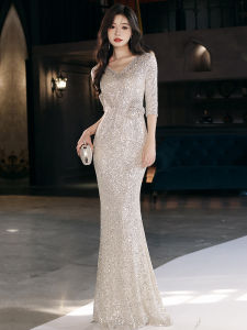 Elegant Silver Evening Gown Womens High-End Sensation Absolutely Beautiful Evening Party Host Glitter Fish Tail Skirt Luxury Small Audience