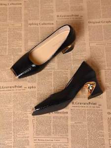 #618 New metal iron toe shallow mouth single for women popular French style thick heel versatile mid heeled small leather