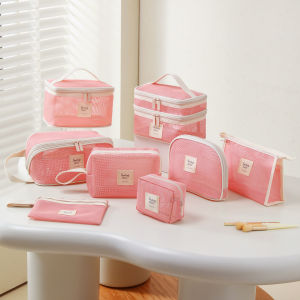 Large Capacity Transparent Mesh Makeup Bag Womens Portable Toiletry Bag Travel Storage Organizer Bag Handmade Stitching