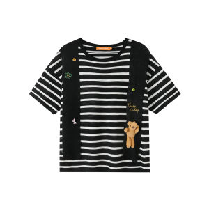 Pseudo Double-layer Cape Bear-decorated Knitted Womens T-shirt