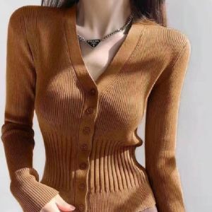 Áo Len Cardigan Dệt Kim Cổ Chữ V American Dành Cho Nữ Áo Ngắn Cạp Cao Có Nút Áo Khoác Ngoài Mùa Xuân Thu Áo Len Dệt Kim Co Giãn