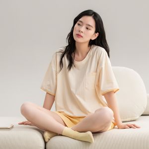 Miiow | Cat Person Womens Summer Sleepwear Set Thin Cotton Short Sleeve Shorts Home Clothes Antibacterial Cute Embroidery Pattern
